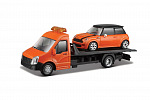 Bburago – STREET FIRE, Přepravní vozidlo Flatbed Transport + MINI COOPER S, 1:43