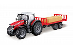 Bburago - FARMLAND, Messey Ferguson 8740S s přívěsem na balíky, 10 cm