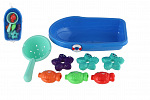 Teddies Badeset aus Kunststoff, Boot, Sieb mit Meerestieren im Netz 14x24cm