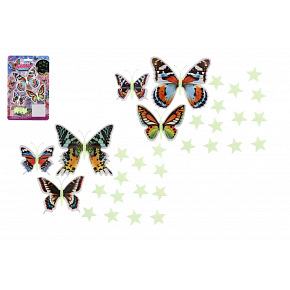 Motýli s hvězdami na zeď/stop svítící ve tmě 2 barvy na kartě Motýli s hvězdami na zeď/stop svítící ve tmě 2 barvy na kartě
