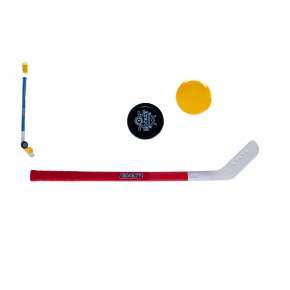 Teddies Kij hokejowy plastikowy 73cm z krążkiem i piłką 2 kolory w siatce