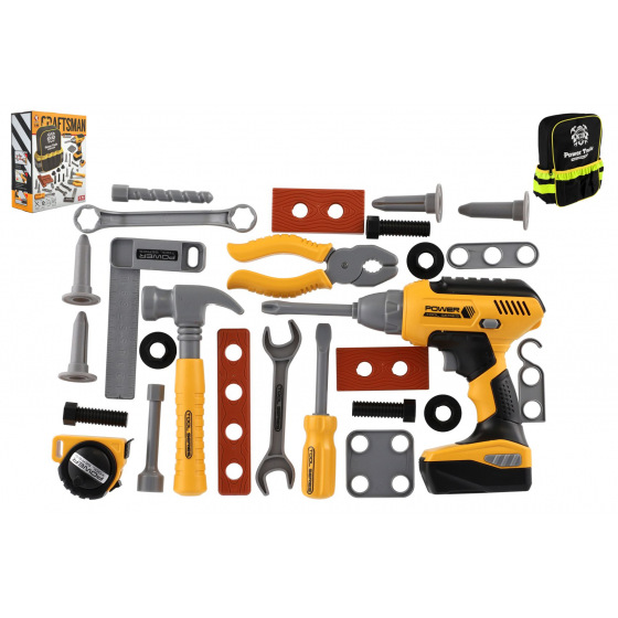 Teddies Werkzeugset aus Kunststoff mit Akkubohrer 16x17cm batteriebetrieben mit Sound im Rucksack in Schachtel 25x31x11cm