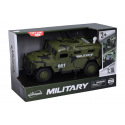 Auto vojenské plast 25,5cm na setrvačník na baterie se zvukem se světlem v krabici 30x19x13cm