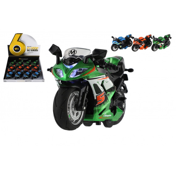 Teddies Rennmotorrad Metall/Kunststoff mit Rückzug 12cm batteriebetrieben mit Licht, Sound 3 Farben