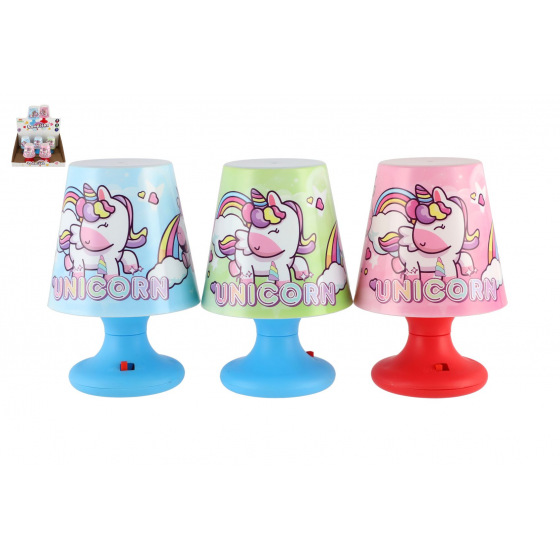 Teddies Mini lampička s jednorožcem na stůl plast 8x11cm na baterie 3 barvy 12ks v boxu