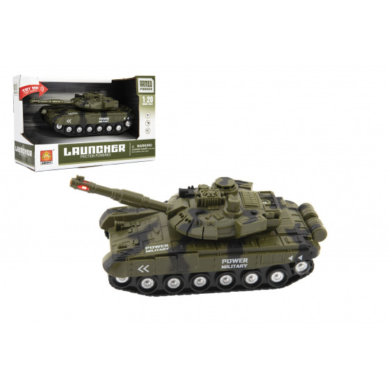 Teddies Panzer aus Kunststoff 20cm mit Schwungrad, batteriebetrieben mit Licht und Sound in Schachtel 24x16x11cm