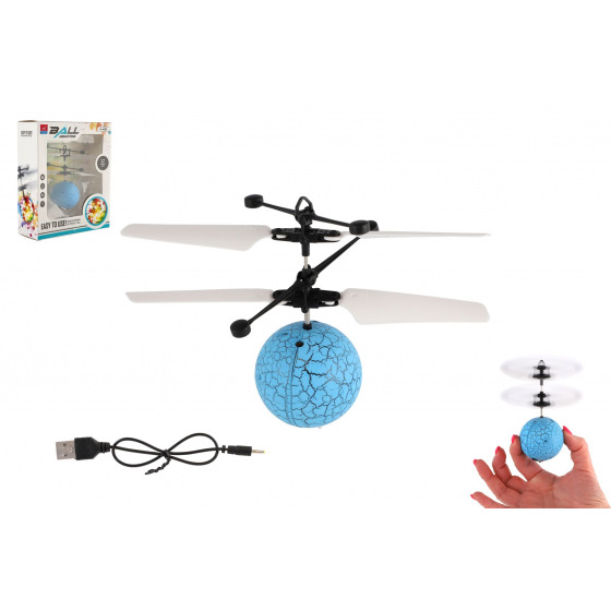 Teddies Hubschrauberkugel fliegender Kunststoff 13x11cm leuchtend, reagiert auf Handbewegung, mit USB-Kabel blau in Schachtel.
