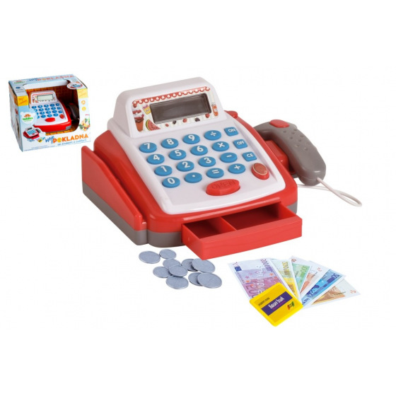 Teddies Kleine digitale Plastikkasse 18cm mit Zubehör, batteriebetrieben, mit Ton und Licht, in Schachtel 22x15x18cm