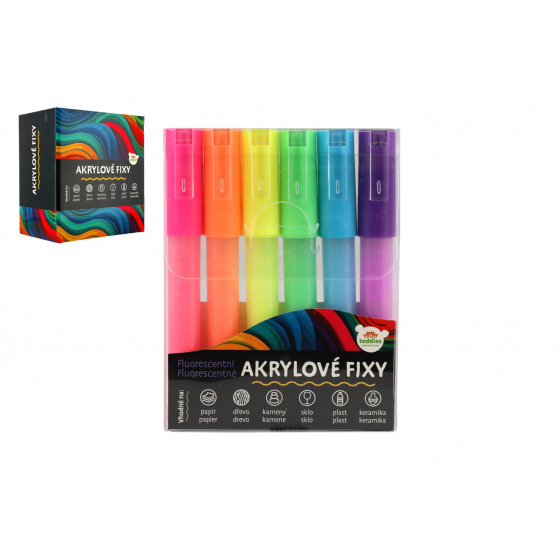 Teddies Fixky akrylové fluorescenčné 6ks aj na keramiku, sklo, kamene v blistri 9x12cm