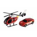 Teddies Hubschrauber, Feuerwehr-Auto aus Kunststoff mit Batterie, mit Licht und Sound in Schachtel 37x17,5x12cm