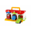Teddies Garage mit 3 Autos + Zubehör aus Kunststoff in der Box 27x14x15cm
