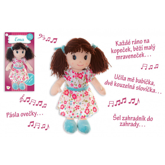 Teddies Puppe Ema Stoffpuppe Plüsch 40 cm spricht und singt auf Tschechisch auf Karte im Beutel 0+