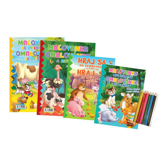 FONI Book Malbücher+Aktivitäten Tiere 4 Stk. + Buntstifte CZ+SK Version im Beutel 21x29cm
