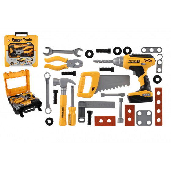 Teddies Werkzeugset aus Kunststoff mit Akkubohrer 16x17cm batteriebetrieben mit Sound in Kunststoffbox 26x25x9cm