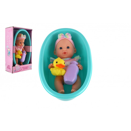 Teddies Babypuppe 26cm fester Körper aus Kunststoff mit Badewanne und Zubehör in Schachtel 20x33x10cm