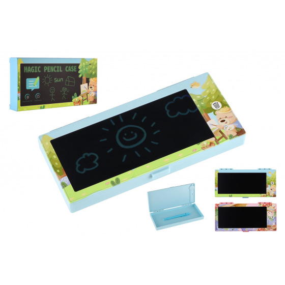 Teddies Federmäppchen/Etui mit magnetischer Zeichentafel aus Kunststoff, batteriebetrieben, 2 Farben, in Schachtel 21x10,5x2,5cm