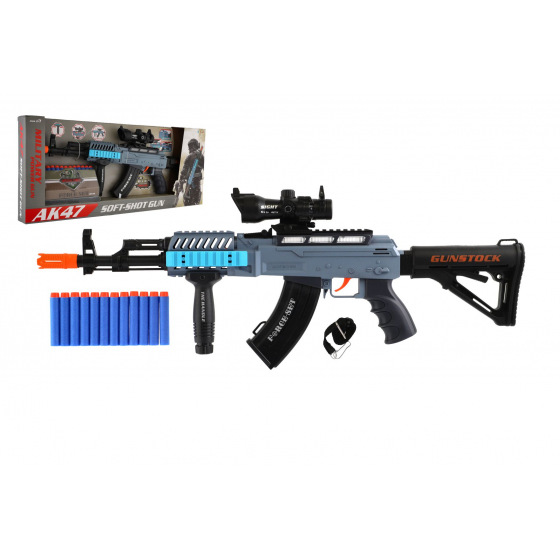 Teddies Pistolet maszynowy na naboje piankowe + naboje 12 szt. plastikowy 60cm na baterie ze światłem i dźwiękiem w pudełku 65x27x6cm