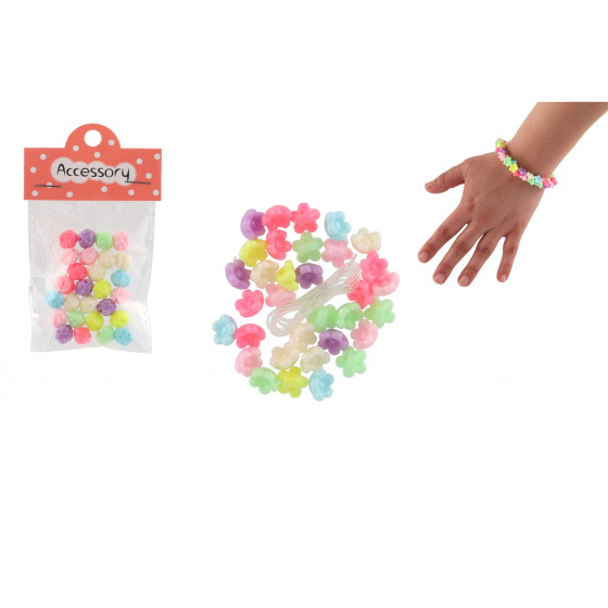 Teddies Plastikperlen Blümchen mit Schnur 2 Arten im Beutel 6,5x11x1cm