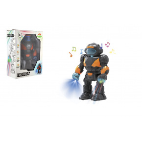 Robot chodící plast 22cm na baterie se světlem se zvukem v krabici 18x24,5x9cm