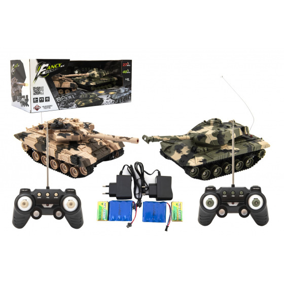 Tank RC 2ks 25cm tanková bitva+dob. pack 27MHZ a 40MHz maskáč se zvukem se světlem v kr. 50x20x23cm