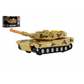 Teddies Tank 17cm na volný chod na baterie se světlem se zvukem hnědý v krabici 19x12,5x8cm