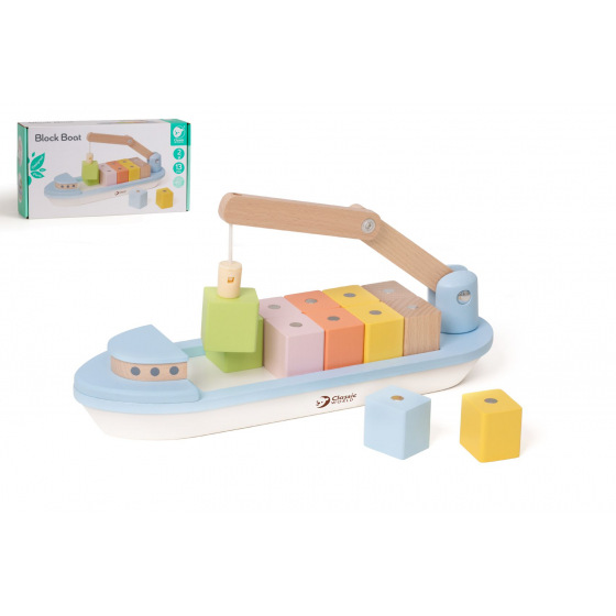 Teddies Containerschiff mit Kran 13-tlg. Holz 28cm mit Zubehör in Schachtel 30x16x8cm 24m+