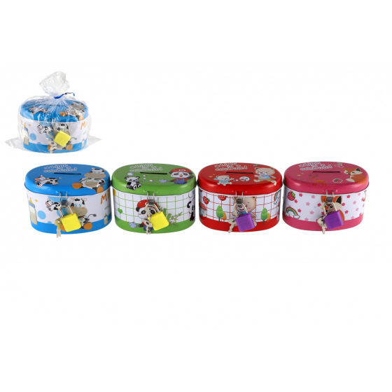 Teddies Spardose mit Schloss aus Blech oval 10x6cm 4 Farben