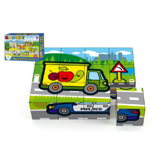 Teddies Kostky kubus dřevěné Moje první auta 12ks v krabičce 17x12,5x4cm