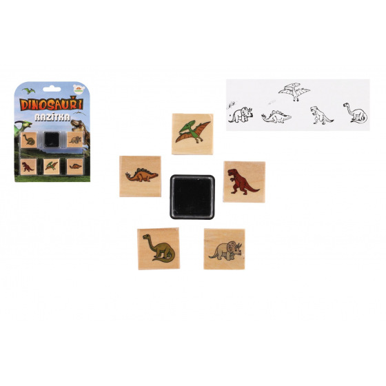 Teddies Razítka dřevěná  5+1 s poduškou dinosauři 3x3cm na kartě