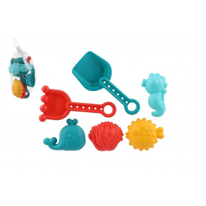 Sada na písek plast lopatka,hrabičky,formičky 4ks v síťce 10x16cm 18m+