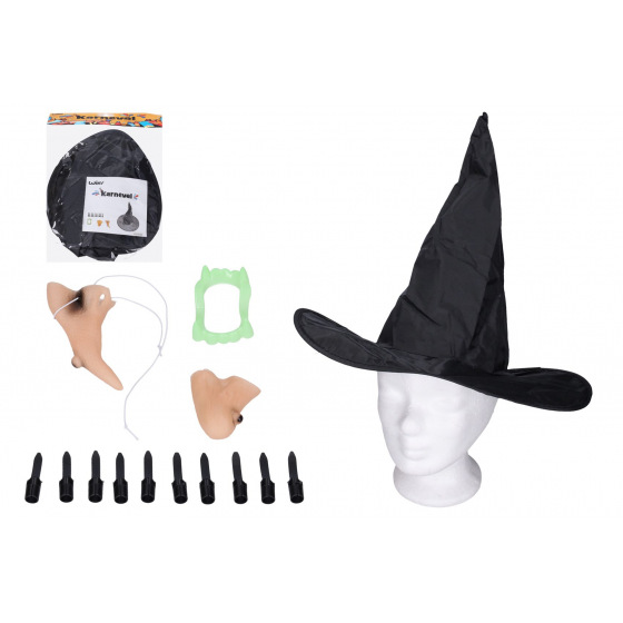 Wiky Sada čarodějnice plast nos, brada, prsty, klobouk, zuby v sáčku 22x28cm karneval