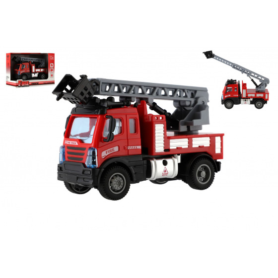 Teddies Feuerwehrwagen mit Leiter aus Kunststoff 13cm mit Rückzug in Schachtel 17x12x8cm