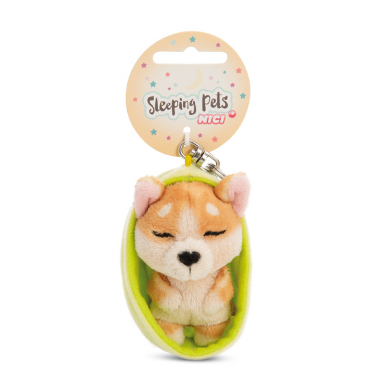 NICI klíčenka spící Pejsek Welsh Corgi 12 cm, světle zelený košík, GREEN