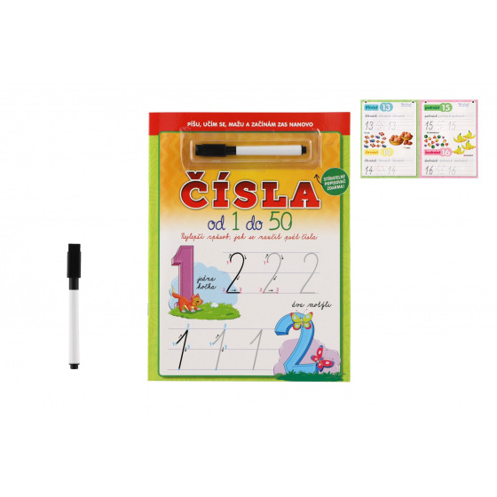 FONI Book Čísla od 1 do 50 se stíratelnými listy + popisovač 21x28cm