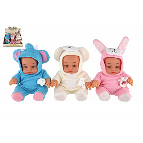 Teddies Baby in Overall mit festem Körper 25cm batteriebetrieben mit Sound 3 Farben 9 Stück im Karton Teddies Baby in Overall mit festem Körper 25cm batteriebetrieben mit Sound 3 Farben 9 Stück im Karton