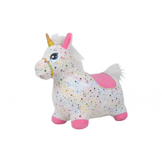 Teddies Hüpfball Einhorn Plüsch weiß mit Sternen Höhe. Sattel 23cm auf Batterie. mit Ton in der Box. 35x22cm 12m+