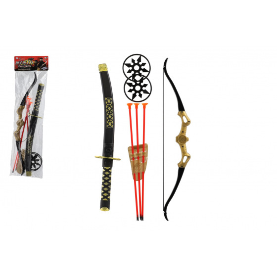 Teddies Ninja sada meč s doplnkami plast hviezdice 2ks, luk + šípy na prísavku 3ks v sáčku 17x60x5cm
