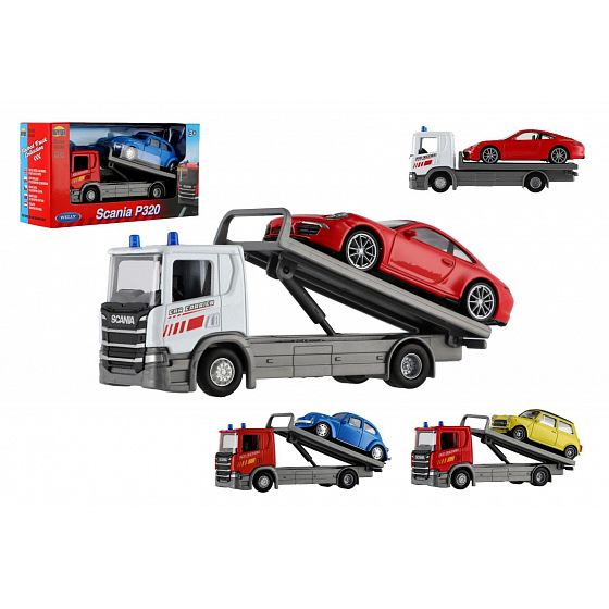 Dromader Dromedár Auto odťahovka Welly Scania P320 + auto kov/plast 15 cm mix druhov v krabičke 18,5 × 10 × 6 cm
