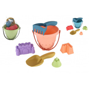 Sada na písek plast kbelík, lopatka, hrabičky, 3 formičky  3 barvy v síťce