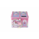 Teddies Spardose Häuschen Einhorn aus Blech mit Schloss 11x9cm rosa im Beutel