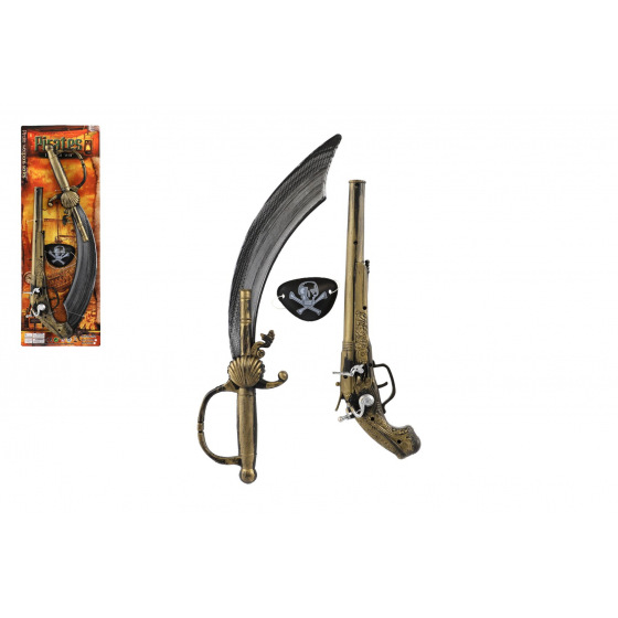 Teddies Piratenset aus Kunststoff Schwert/Säbel, klappernde Pistole, Augenklappe auf Karte 19x53cm