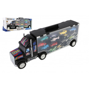Teddies Auto kamion přepravník + dopravní prostředky 14ks plast 57cm na volný chod v krabici 59x22x13cm