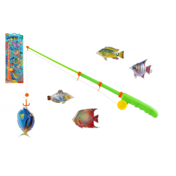 Teddies Spiel Fische/Angler magnetisch Kunststoff 5 Stk.+Rute Kunststoff 39cm 2 Farben auf Karte