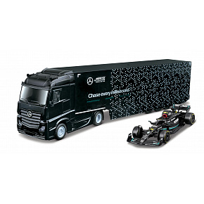 Bburago – RACE M-B Tahač s návěsem + F1 Mercedes-AMG Petronas W15 (2024), #63 George Russell, 1:43 Bburago – RACE M-B Tahač s návěsem + F1 Mercedes-AMG Petronas W15 (2024), #63 George Russell, 1:43