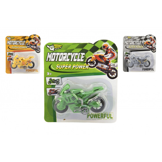 Teddies Motorrad Straßenmaschine aus Kunststoff 10cm mit Rückziehmotor in 3 Farben auf Karte