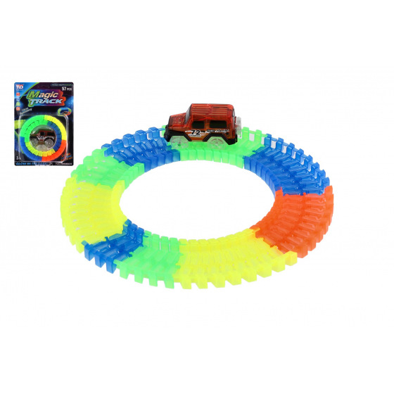 Teddies Leuchtende Rennstrecke im Dunkeln + batteriebetriebenes Auto aus Kunststoff 57 Teile Länge 72cm auf Karte 17x24x7cm