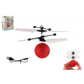 Vrtulníková koule létající plast 13x11cm svítící reagující na pohyb ruky,USB kabelem červená v krab.