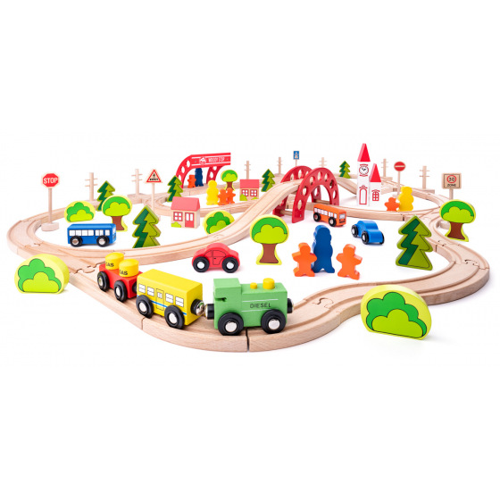 Woody 93062 Eisenbahnset mit Brücke und Haltestelle