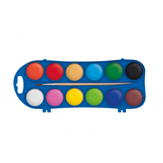 Wasserfarben 12 Stück + Pinsel in Plastikbox 11x21cm in Folie