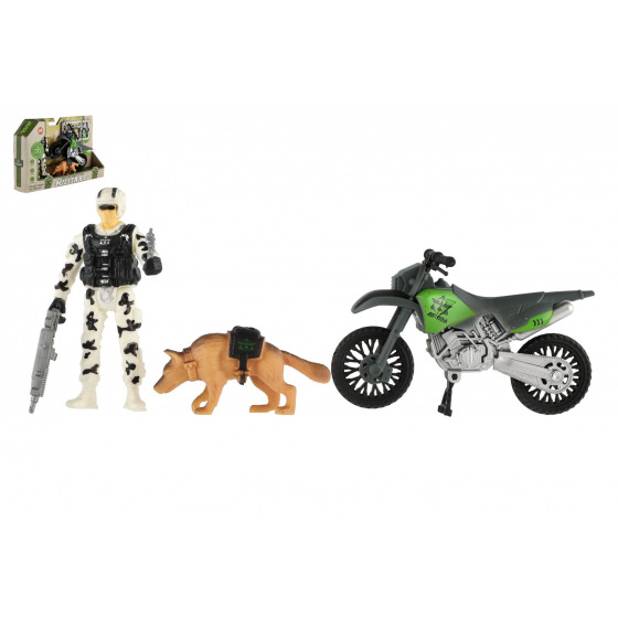 Teddies Militärset aus Kunststoff Motorrad, Soldat, Hund mit Zubehör in Schachtel 23x14x4cm